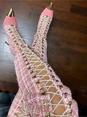 Jennifer Le Pink Tweed Lace-Up thigh high Boots with Gold Cap Toe